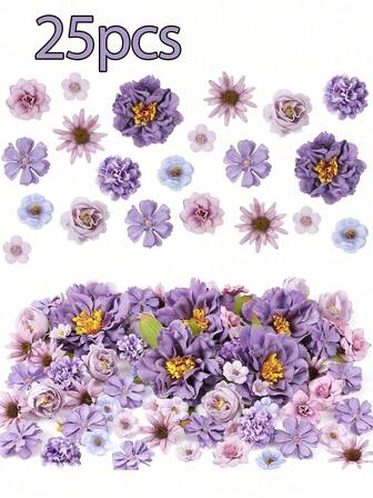 25pcs Mini 2.36in Artificial Flower Heads With Mixed Flowers, Artificial Peonies, Daisies And Roses In Multiple Colors, Lightweight And Durable, Suitable For Wedding, Valentine's Day And Party Bouquets | Elegant Floral Combinations And Wall Decorations