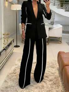 2 Stücke Set: Lange Ärmel Blazer Jacke und Hose, Kontrastfarbiger Randdesign, Büromode für Damen im Herbst und Frühling Schwarz - Schwarz - Übersicht 1