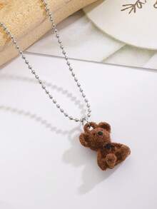 1pc Fashionable Minimalist Cute Flocked Bear Pendant Faux Pearl Necklace, Suitable For Women Everyday And Vacation Wear - Silver - View 3