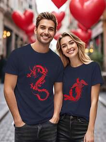 1pc Men'S & Men&Women's Dragon & Phoenix Graphic T-Shirt - Red & Blue Dragon Design, Breathable Round Neck Short Sleeve Tee, Casual Streetwear For Casual Attire, Outdoor Activities & Gifts, Casual Wear Tee| Vibrant Graphic Tee| Comfortable Fit - 男款-白色 - 查看 12