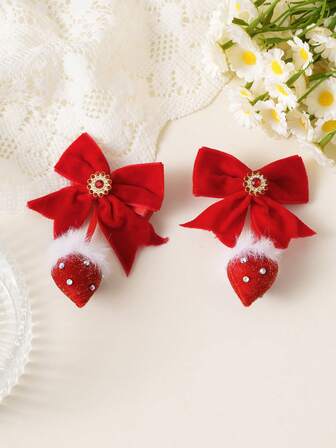 1 Set Of 2pcs Fashionable Minimalist Red New Year Hair Accessories, Cute Tassel Strawberry Bow Hair Clips With Rhinestones, Suitable For Parties, Gifts And Daily Use, Claw Clips, Hair Slide, Hair Barrettes