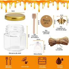 Estilo30 pcs Frascos para Miel, Mini Tarro de Miel Hexagonal de Cristal de 1.5 oz, con Cuchara para Miel, Colgantes de Abeja, Bolsa de Regalo Cuerda de Cáñamo y Etiqueta, para Regalos de Bodas y FiestasVersión mejorada - 1 - Ver 4