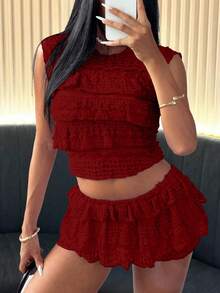 Spring/Summer Lace Jacquard Ruffle Trim Round Neck Top And Mini Skirt 2 Pieces Set - Burgundy - View 3