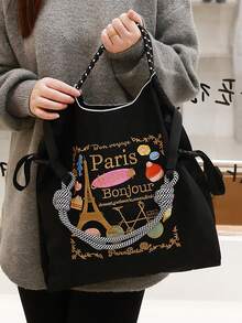 New Versatile Embroidered Eiffel Tower Pattern Foldable Shopping Bag Tote Bag Large Capacity Suitable For Commuting Shopping Beach Party Hand-Carried Or Shoulder-Carried - Multicolor - View 3