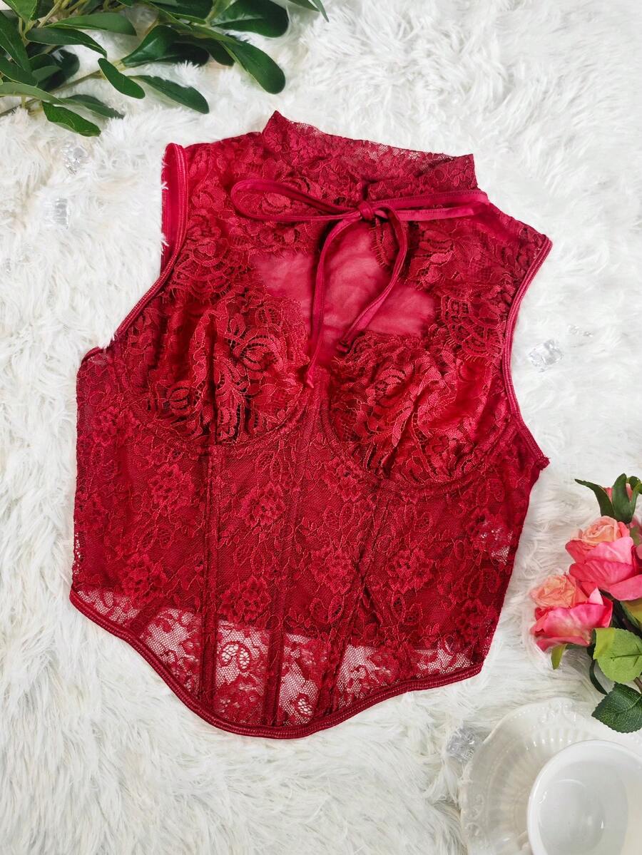 EZNV 1pc Lace Patchwork Fishbone Corset Top, Waist Cincher Bustier
