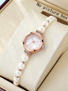 1pc Elegant Fashion Quartz Watch With Pearl Strap, Round Dial, Adjustable Bracelet, Suitable For Birthday, Halloween, Year-End Promotion, Teenager Girls - White - View 4