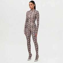 Mono ajustado de manga larga con estampado de pitón, casual para otoño e invierno, para damas - Caqui - Ver 7