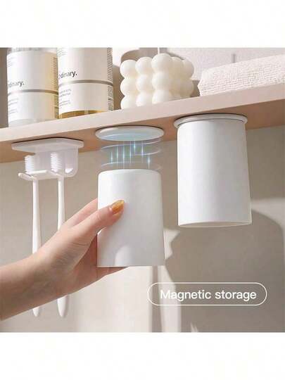 1pc Magnetic Adsorption Upside Down Gargle Cup, No Drill Mirror Cabinet Storage, Minimalist Toothbrush Holder Cup For Couples, Bathroom Accessories With Drainage Design For Easy Cleaningbathroom Decor Fall Decor Back To School