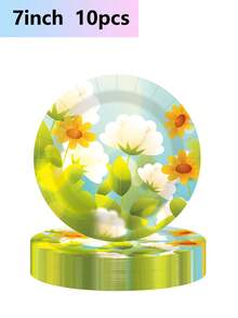 10pcs Printed Rustic Chrysanthemum Theme Birthday Party Supplies Set Disposable Paper Plates Paper Cups Tissue Paper Party Wedding Picnic Outing - Multicolor - View 2