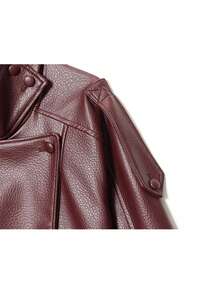  Women Stand Collar PU Leather Jacket Lady Chic Outwears Full Sleeve Coat Fashion Causal Zipper Outwear Autumn Winter - Màu Đỏ Sâu - Xem 5