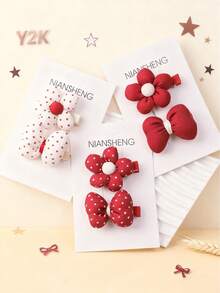 2pcs/Set Polka Dot Flower Bow Princess Hair Clips, Cute & Elegant Handmade Hair Accessories Set (Excluding Card) - Mixed color - View 1