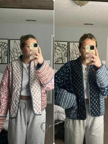 Women's Reversible Floral Quilted Jacket Cropped Puffer Cardigan Open Front Lightweight - Pink - View 2