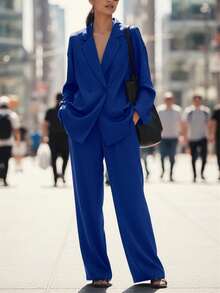 女士休闲缎面垂坠“Old Money”宽腿裤和夹克两件套服装，适合办公室的商务休闲装 - 寶藍色 - 查看 2