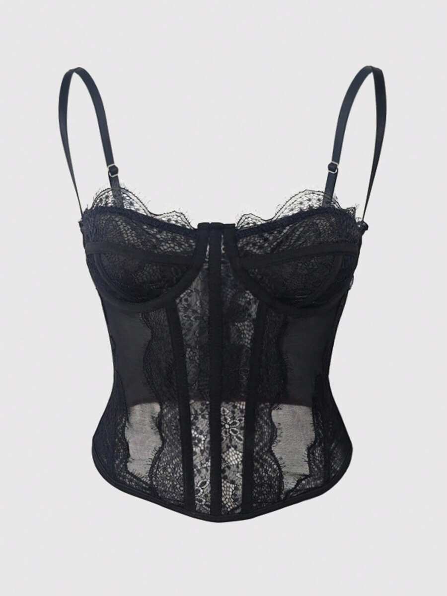 Bonmuse Fashionable Seamless Spaghetti Strap Bra, Sexy Fitted Strapless Lace Camisole Crop Top