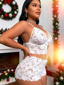 ZGQNBelle Women Plus Size 2 Piece Lingerie Sexy Floral Lace Scallop Trim Bralette And High Waist Panty Set - trắng - Xem 5