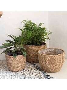 1件/3件套藤编花盆套，带防水内衬，室内种植篮，多肉植物盆架，装饰 - 蒲草款 - 查看 5