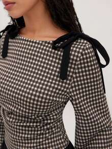 Women Fall Spring New Bow Plaid T-Shirt Long Sleeve Crew Neck Tie-Up Slim Fit Ladies Plaid Tops Streetwear Christmas Top - 咖啡棕 - 查看 3