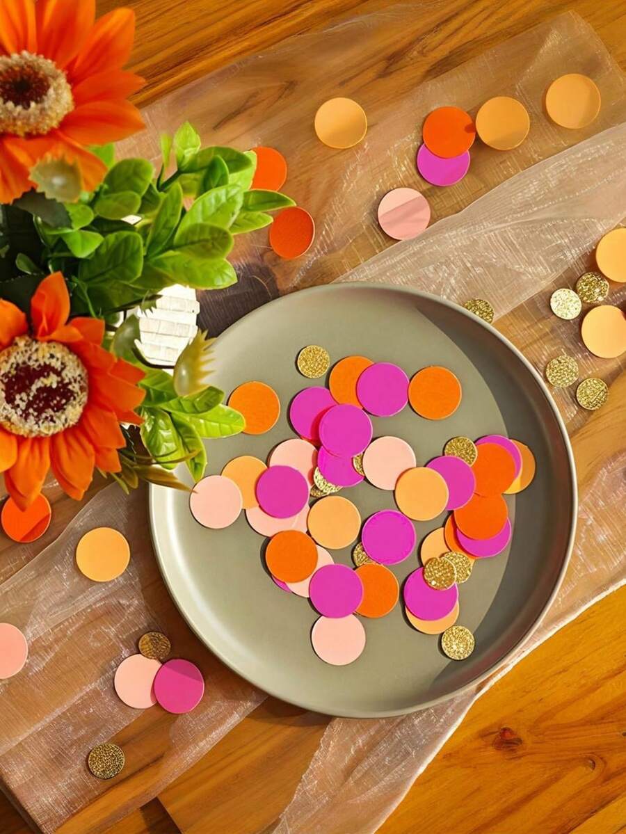 100pcs/Set Pink & Orange Glitter Gold Polka Dot Table Confetti - Suitable For Birthday Party, Bridal Shower, Wedding Gift, Dot Decor, Tabletop Decoration - Multicolor - View 1