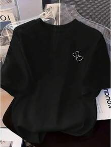 Two Hearts T-Shirt, Women's Casual Summer Fashion, With Lightweight And Soft Fabric. - 黑色 - 查看 1