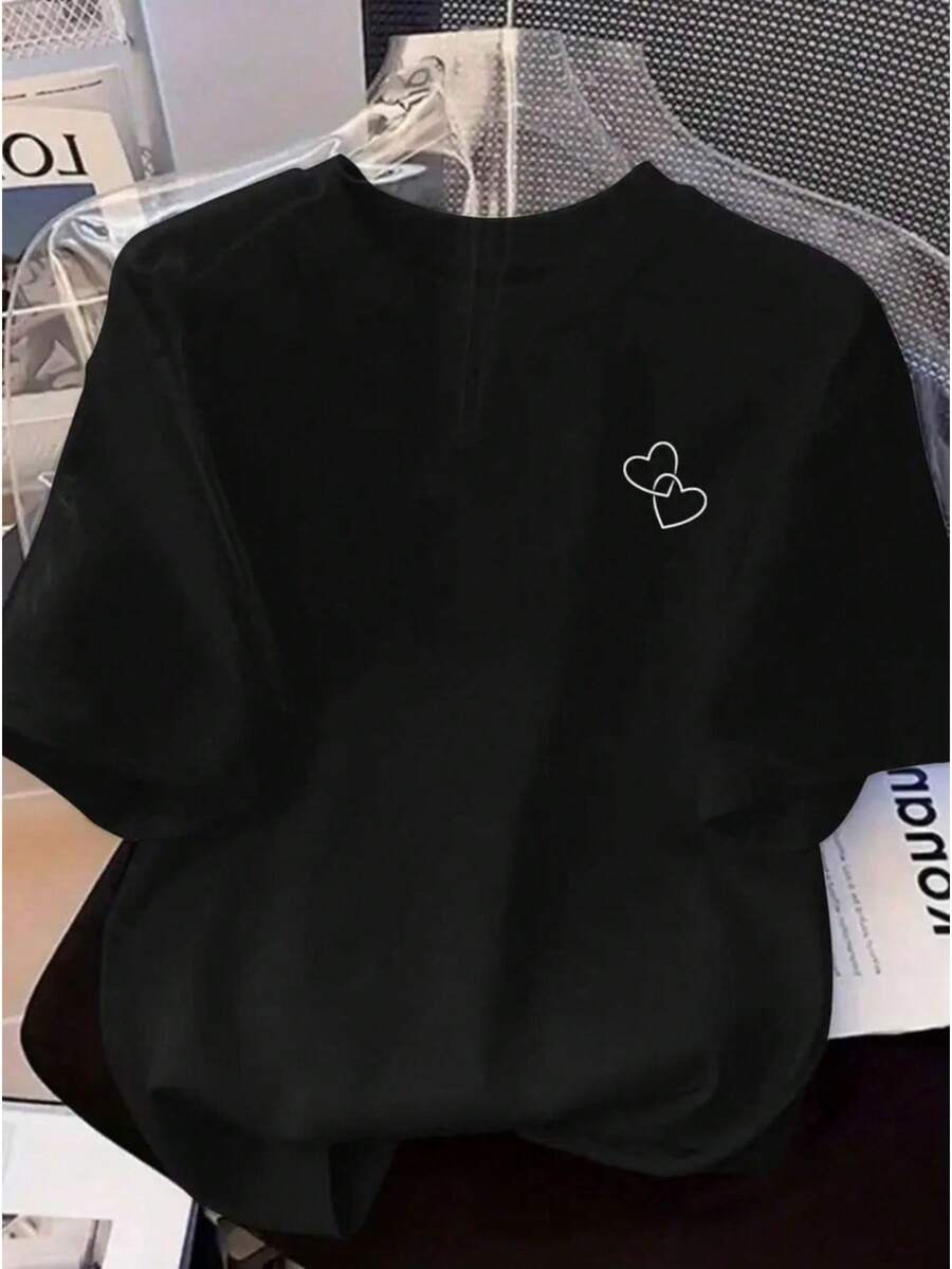 Two Hearts T-Shirt, Women's Casual Summer Fashion, With Lightweight And Soft Fabric. - 黑色 - 查看 1