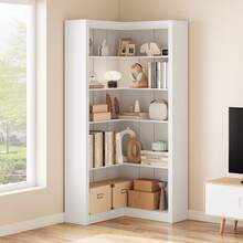 PtioHavn Estantería de esquina de 5 niveles, estantería independiente de madera en forma de L de estilo industrial para exposición y almacenamiento. Resistente y práctica, adecuada para oficinas, salones, dormitorios y rincones. - Blanco - Ver 1