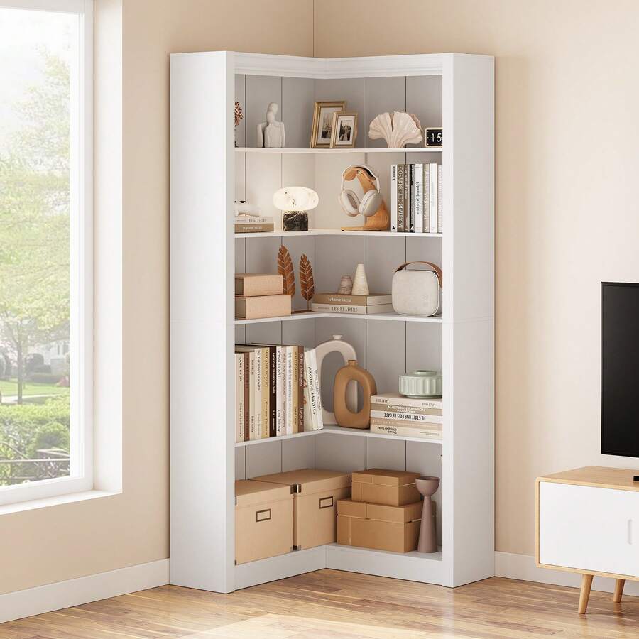 PtioHavn Estantería de esquina de 5 niveles, estantería independiente de madera en forma de L de estilo industrial para exposición y almacenamiento. Resistente y práctica, adecuada para oficinas, salones, dormitorios y rincones. - Blanco - Ver 1