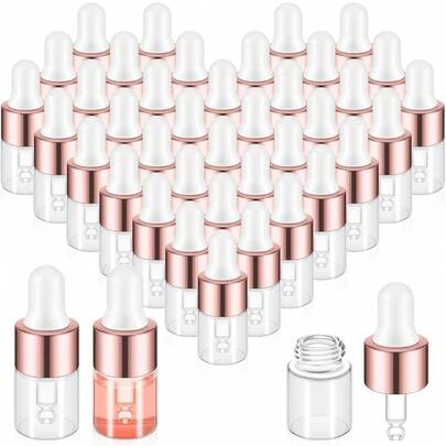 50pcs 2ml Mini Glass Dropper Bottles, Large Capacity, Rose Golden Transparent Essential Oil Vials, Small Tincture Sample Containers, Perfume Liquid Bottles With Lids For Travel, Hand Wash Only, Unscented, Round Shape