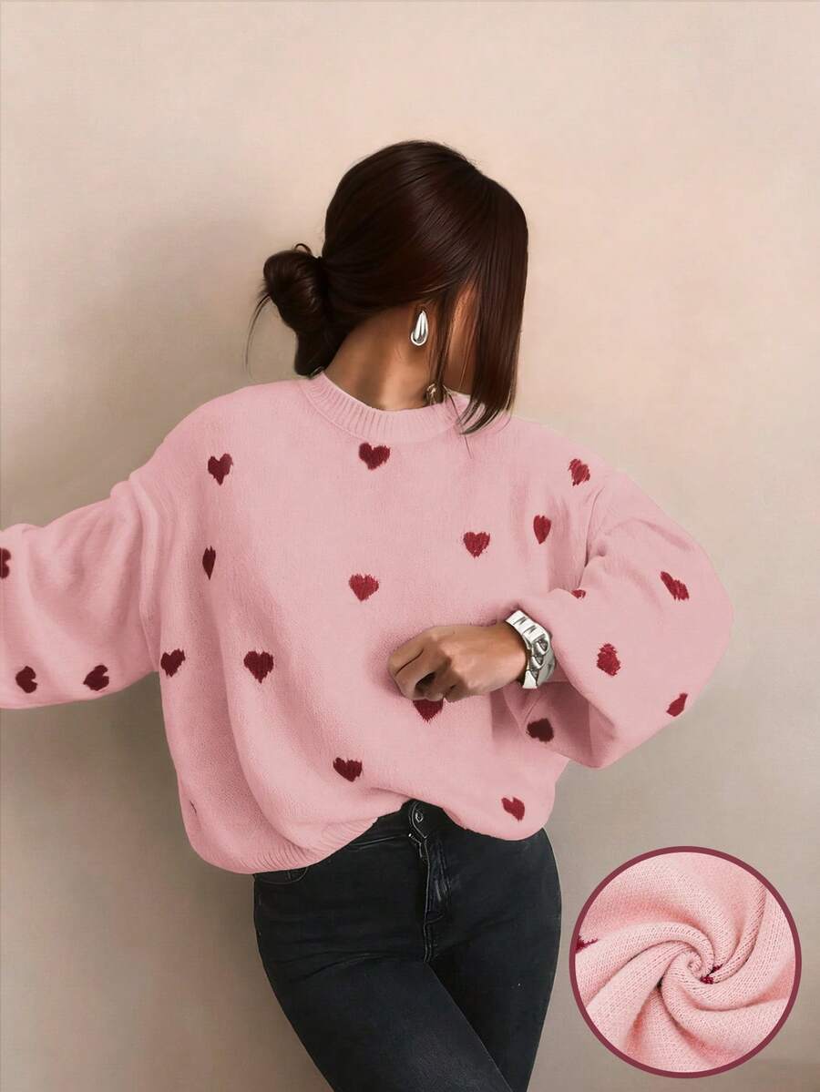 Autumn And Winter Women's Valentine's Day Cute Casual Heart-Patterned Loose-Fit Fashionable Sweater With Round Neck And Long Sleeves, Basic Sweater, Business Casual Women's Clothing, Autumn Top, Autumn Sweater, Women's Winter Clothing, Women's Autumn And Winter Clothing, Autumn Clothing - Baby Pink - View 1