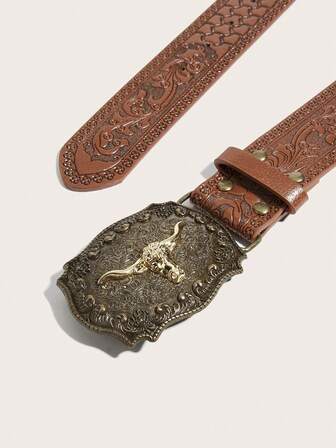 1pc Unisex Retro Western Cowboy Style Animal Buckle Embossed PU Leather Belt, Fashion Versatile, Suitable For Various Seasons - Halloween, Summer, School Autumn, Autumn, Halloween - Pair With Jeans And Long Skirts