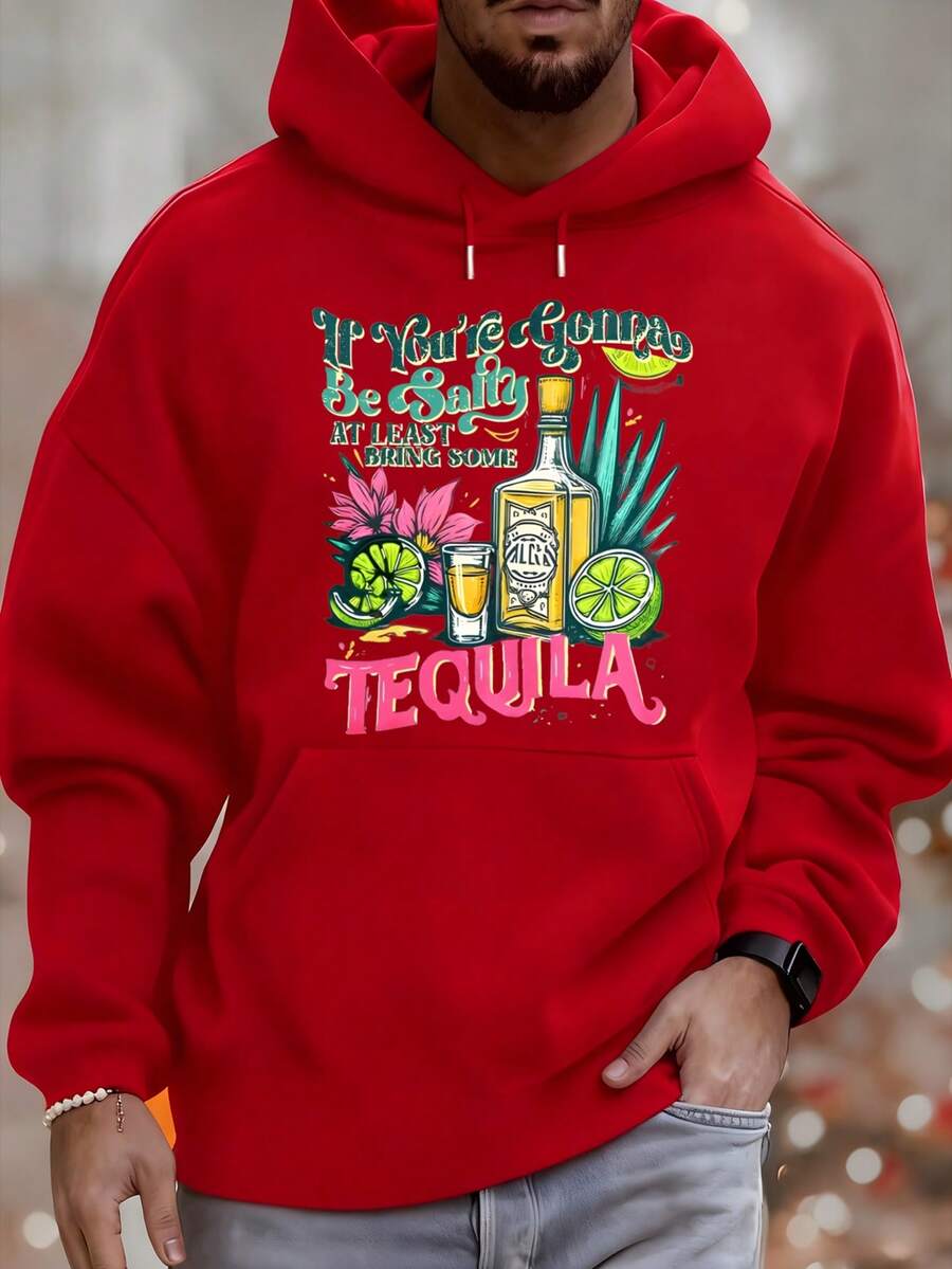 Men's Hoodie, Tequila Bottle Design, Lime Blossom, If You're Going To Be Salty, At Least Bring Some Tequila, Text Design, Versatile Casual Fashion For Autumn And Winter, Suitable For Leisure And Sportswear, Fashionable Gift, The Best Choice For Holiday Gifts. - 紅色 - 查看 1