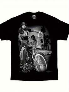 Men'S Chicano Street Art Graphic T-Shirt - DGA D Gonzales Lowrider Bike & Palm Tree Design, 220g Heavyweight Cotton Regular Fit Casual Tee For Adults, Allseason Apparel, Comfortable Cotton Shirt - 黑色 - 查看 3