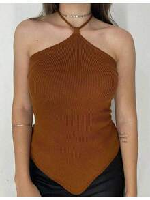 Cropped Ribbed Modal Women's Plain Halter Summer Tie Neck Knit Moura Tricot - Rust Brown - View 5
