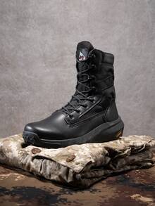 Men's 8-Inch Tactical Military Work Boots - Breathable Leather With Side Zipper, Lightweight For Hiking, Motorcycle, And Combat - 黑色 - 查看 1