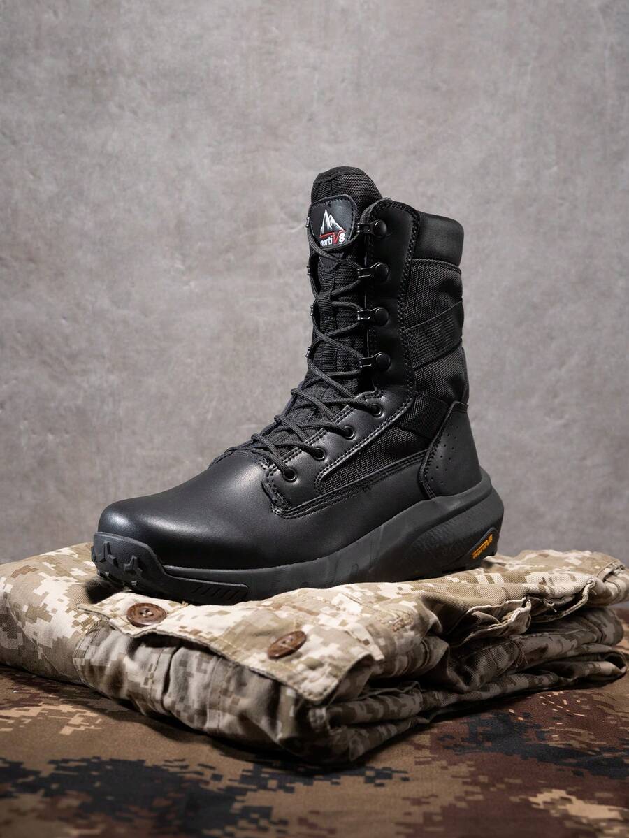 Men's 8-Inch Tactical Military Work Boots - Breathable Leather With Side Zipper, Lightweight For Hiking, Motorcycle, And Combat - 黑色 - 查看 1