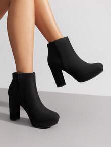 Women Fashionable Side Zipper Round Toe Block Chunky High Heel Suede Ankle Boots Effortlessly Pairing With A Range Of Outfits - 黑色 - 查看 3