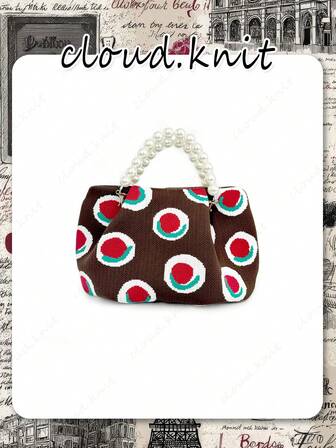 Vintage handväska med pärlhandtag, prickig stickad aftonväska i kontrastfärg, avtagbar axelväska med pärlkedja, passar enkelt för telefon, plånbok, läppstift och andra dagliga nödvändigheter, lämplig för vardagligt bruk eller viktiga tillfällen