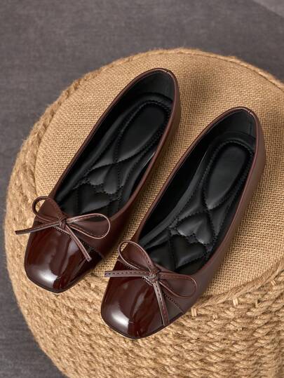 MonaNise Women's Fashion Square Toe Slip-On Shoes With Bow Accent, Casual Outdoor Wear, Versatile In Brown, Beige, Black, White, Burgundy, Khaki, Black