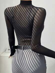 Camiseta interior de cuello alto negra para mujer de talla grande, nueva camiseta de manga larga delgada y transparente de malla para otoño/invierno 2025, casual de primavera - Negro - Ver 5