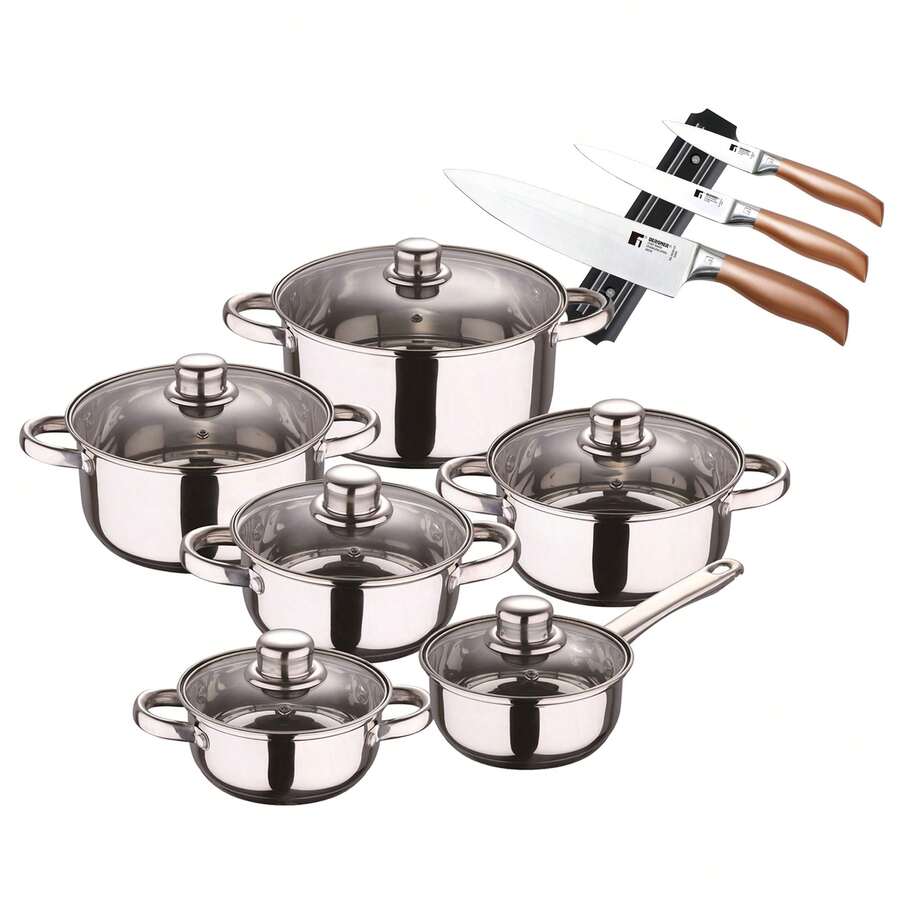 Bergner Bateria de cocina 12 piezas San Ignacio de acero inoxidable+Set de 3 Cuchillos en acero inoxidable con Soporte magnético - Gris 8 - Ver 1