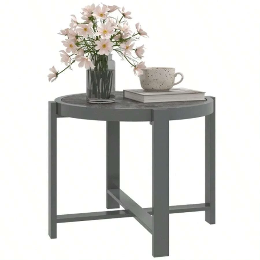 Outsunny Beistelltisch Gartentisch Rund Wetterfest Aluminum Balkontisch Mit Marmoroptik Campingtisch Kaffeetisch Für Wohnzimmer Büro Outdoor Indoor Grau - 灰色 - 查看 1