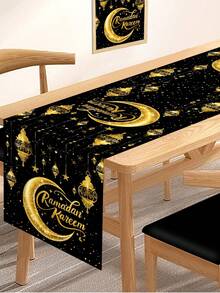 1 pezzo Tappeto da tavolo Ramadan Kareem, 180x35cm, Nero e Dorato, Disegno di Lanterne, Stelle e Lune Eid Mubarak, in Poliestere, Decorazioni Ramadan per la Casa, Copertura Tavolo da Pranzo Eid Al-Fitr, Forniture per Feste e Celebrazioni Interne ed Esterne - Multicolore - Visualizzare 7