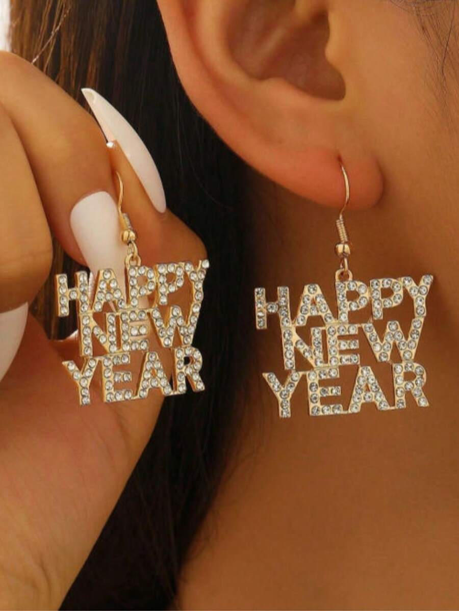 1对休闲简约时尚“新年快乐”耳环,圣诞饰品 - 金色 - 查看 1