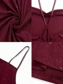 Este elegante vestido feminino de lantejoulas, com decote nas costas e alças cruzadas, possui alças finas e elásticas, sendo perfeito para encontros românticos e festas de fim de ano. - Borgonha - Ver 9