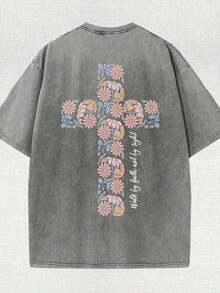 Summer Tops2026Christian Washed T-Shirt, Jesus, Faith, Floral Cross Pattern T-Shirt "Walk By Faith Not By Sight","Jesus Is Coming Soon", Religious Ele - 灰色 - 查看 2