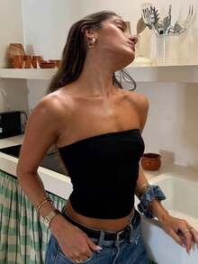 女士四季皆宜性感Y2K无肩带基础款纯色弹力修身黑色抹胸上衣 – 圣诞节和约会必备 - 黑色 - 查看 6