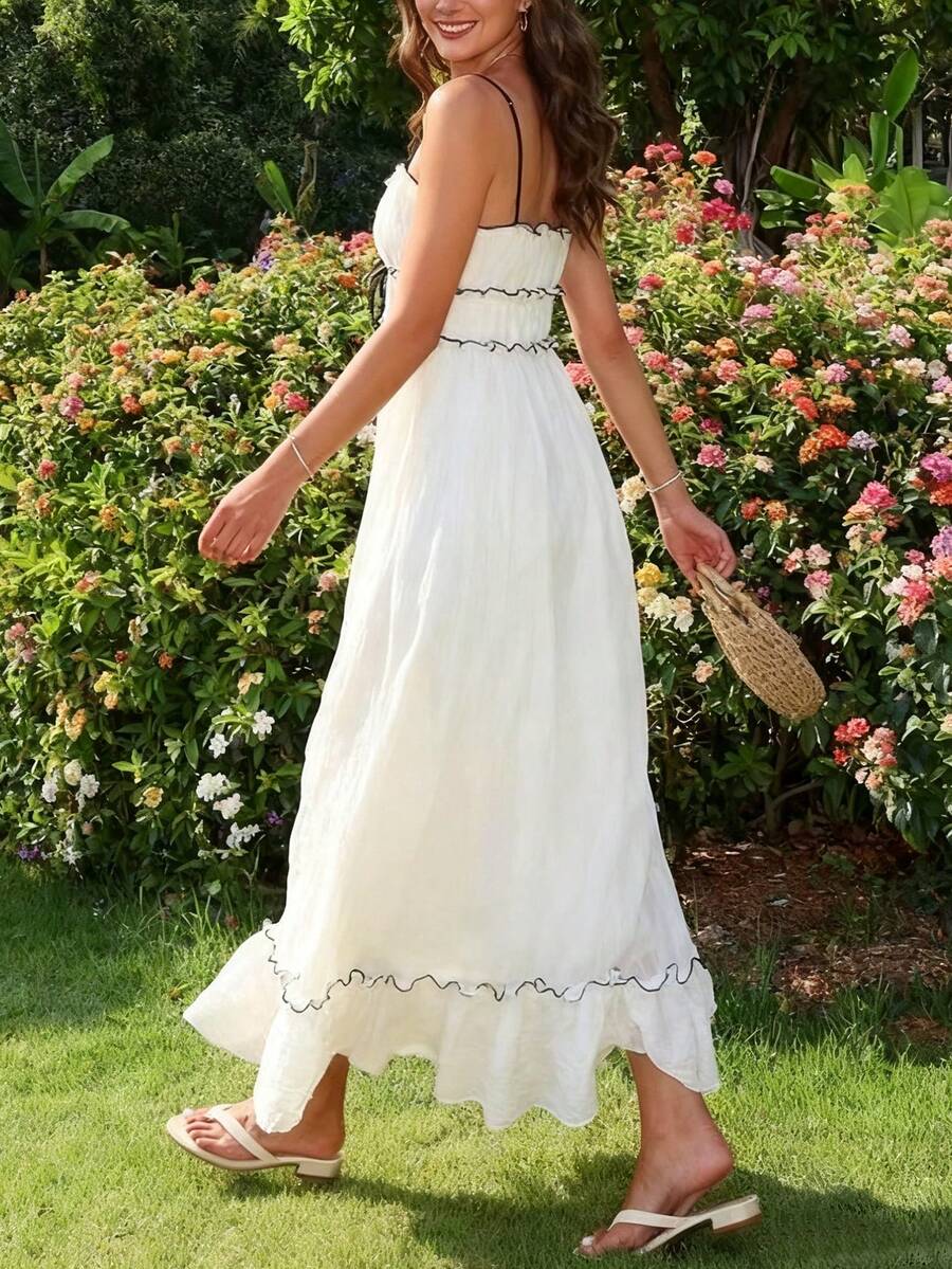 Women Vacation Casual Minimalist Sexy Spaghetti Strap Open Back Bowknot Waist Long Dress White - White - View 1