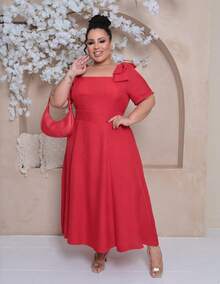 Women's Plus Size Midi Dress With Lined Square Neckline, Short Sleeves, Shoulder Tie, Padded Cups And Elastic Back In Duna Linen - Elegant Fashion Party Dress - 紅色 - 查看 1