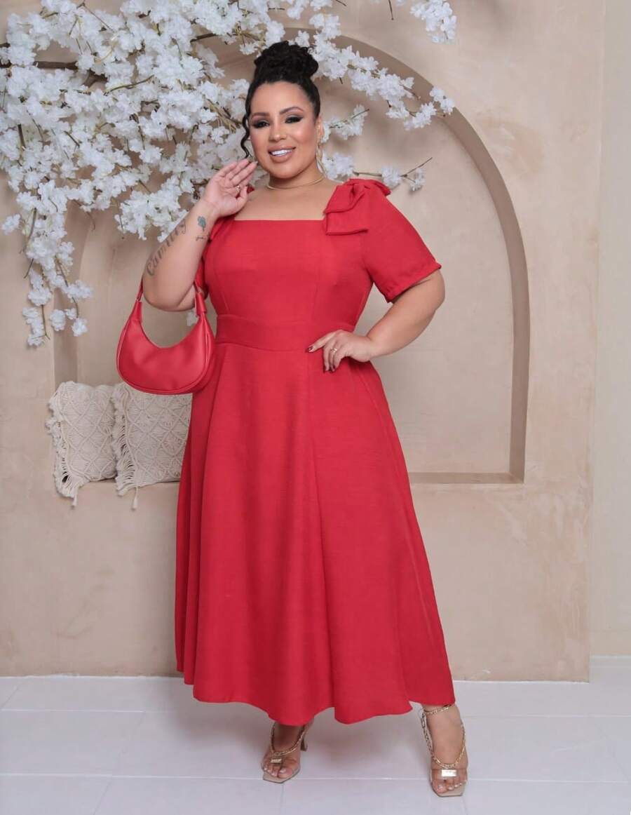 Women's Plus Size Midi Dress With Lined Square Neckline, Short Sleeves, Shoulder Tie, Padded Cups And Elastic Back In Duna Linen - Elegant Fashion Party Dress - 紅色 - 查看 1