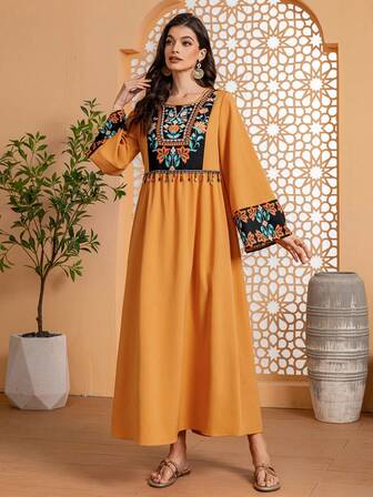 Women's Elegant Floral Print Long Sleeve Round Neck Fringe Hem Dress, Casual Wear