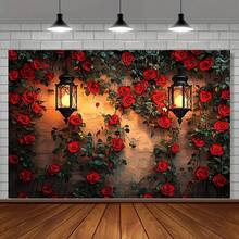 2D Flat 1pc Valentine's Day Red Rose And Lantern Photography Background - Perfect For Weddings, Birthdays, And Seasonal Celebrations - 1pcs - View 2